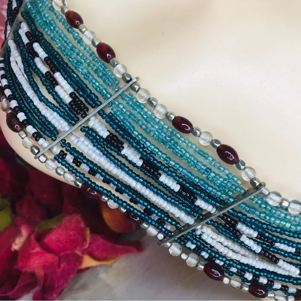 Vintage 90s Blue Multicolor Beaded Tribal Necklace